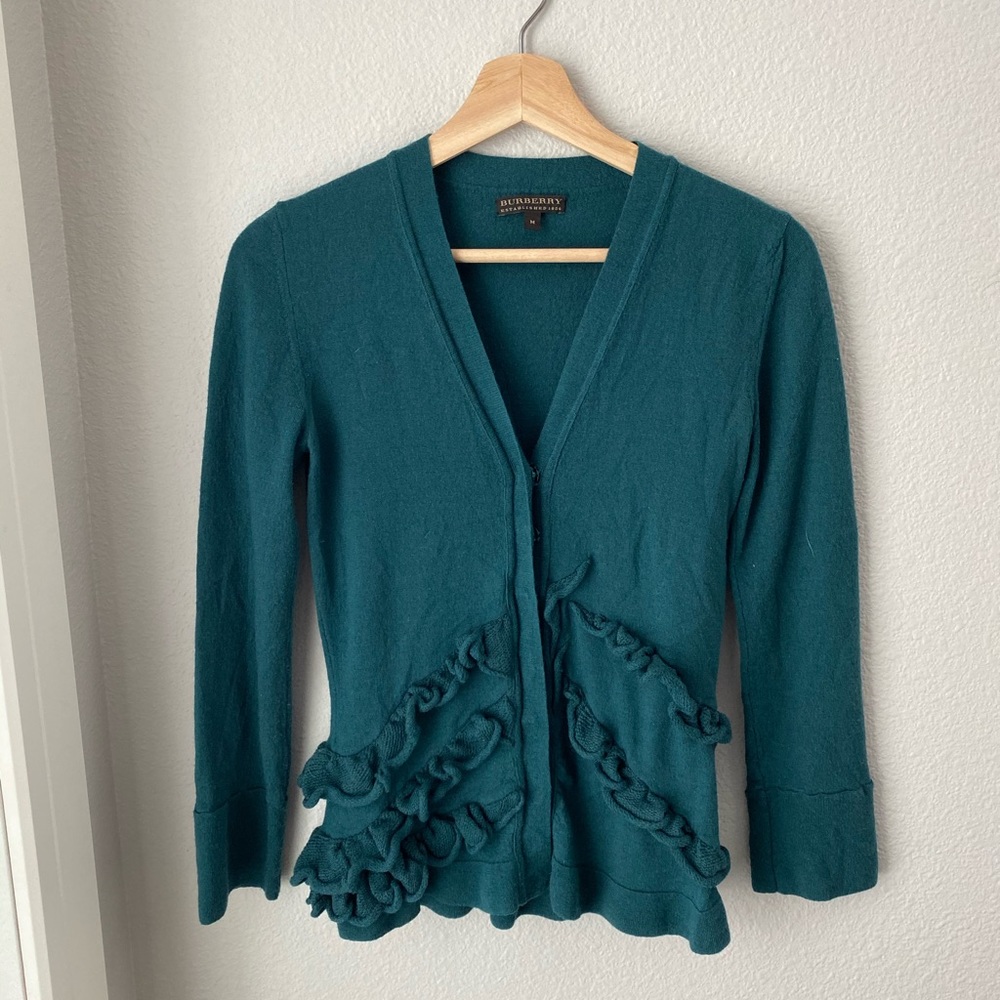 Burberry teal ruffle cardigan sweater